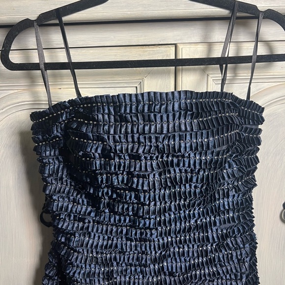 Formal Terani Couture Navy Strapless Ribbon Textured Beaded Cocktail Dress - Picture 4 of 7